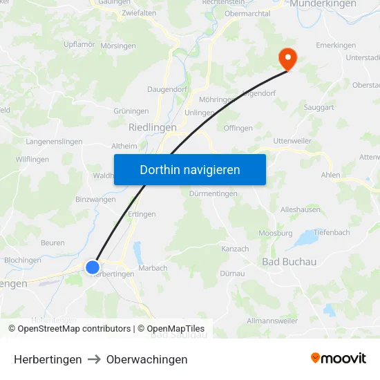 Herbertingen to Oberwachingen map