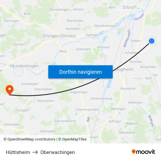 Hüttisheim to Oberwachingen map