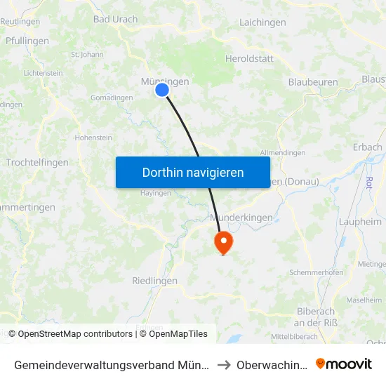 Gemeindeverwaltungsverband Münsingen to Oberwachingen map