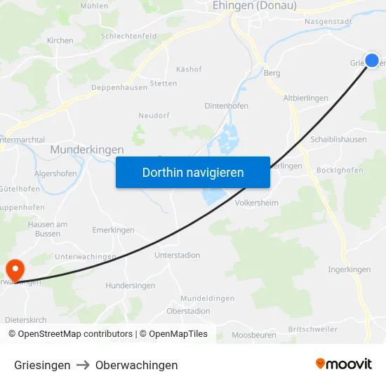 Griesingen to Oberwachingen map