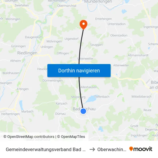 Gemeindeverwaltungsverband Bad Buchau to Oberwachingen map