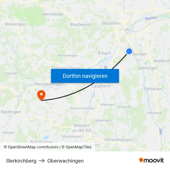 Illerkirchberg to Oberwachingen map