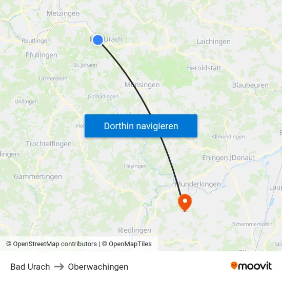 Bad Urach to Oberwachingen map