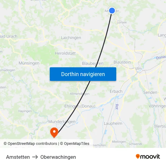 Amstetten to Oberwachingen map