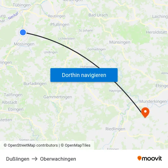 Dußlingen to Oberwachingen map
