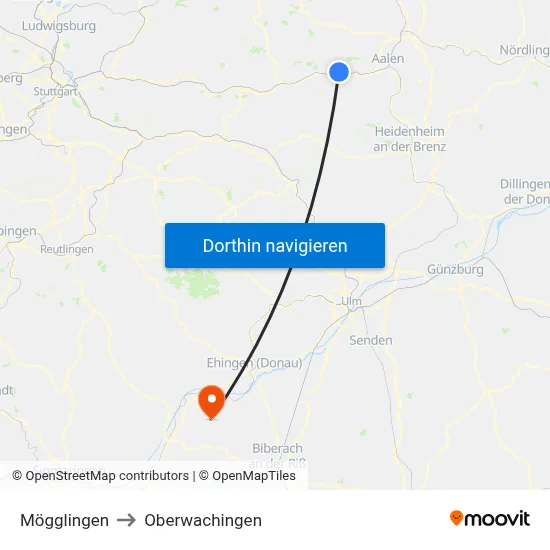 Mögglingen to Oberwachingen map
