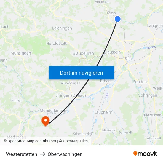 Westerstetten to Oberwachingen map