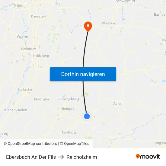 Ebersbach An Der Fils to Reicholzheim map