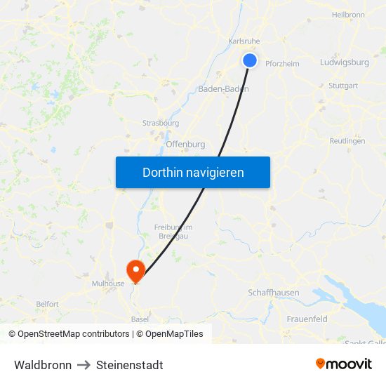 Waldbronn to Steinenstadt map