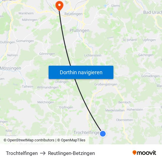 Trochtelfingen to Reutlingen-Betzingen map