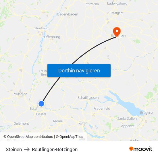 Steinen to Reutlingen-Betzingen map