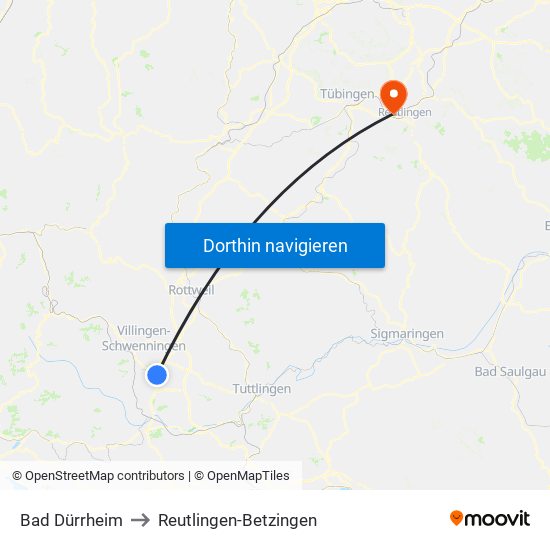 Bad Dürrheim to Reutlingen-Betzingen map