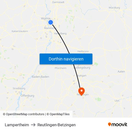 Lampertheim to Reutlingen-Betzingen map