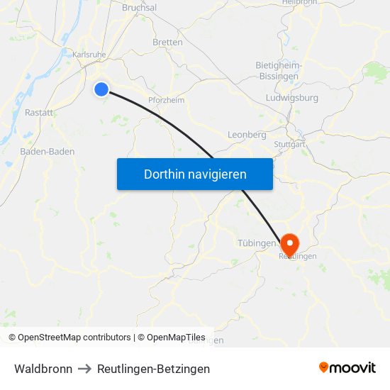 Waldbronn to Reutlingen-Betzingen map