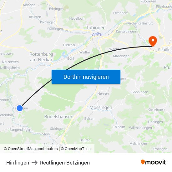 Hirrlingen to Reutlingen-Betzingen map