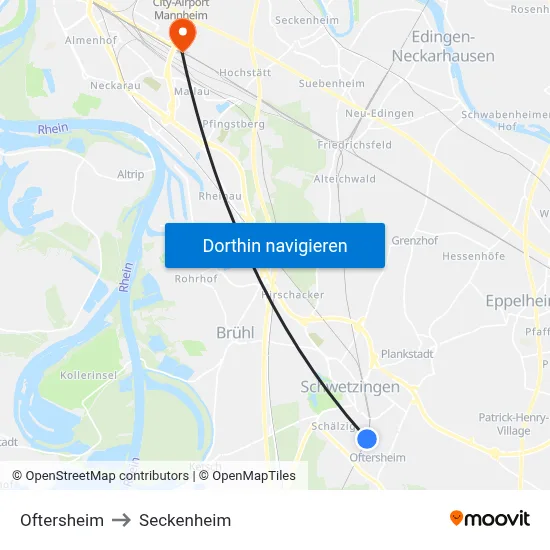 Oftersheim to Seckenheim map
