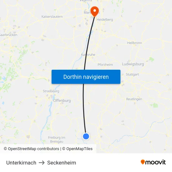 Unterkirnach to Seckenheim map