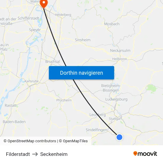 Filderstadt to Seckenheim map