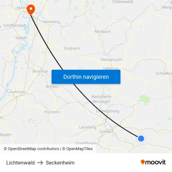 Lichtenwald to Seckenheim map