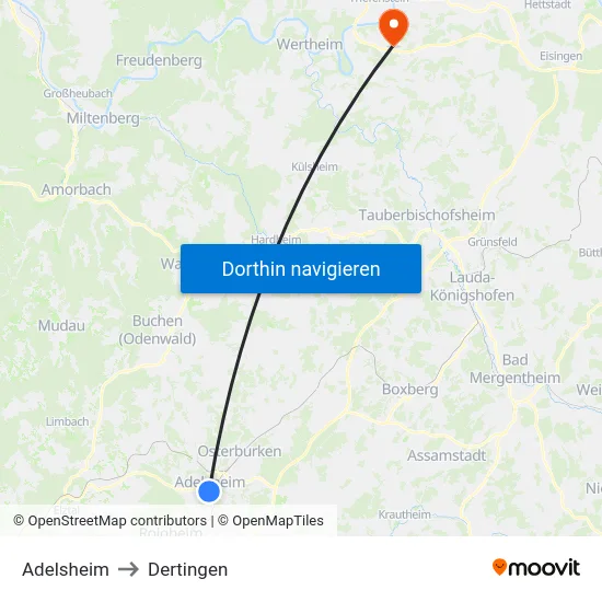Adelsheim to Dertingen map