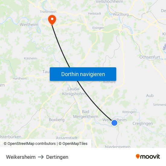 Weikersheim to Dertingen map