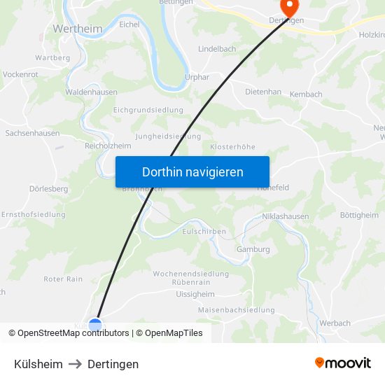 Külsheim to Dertingen map