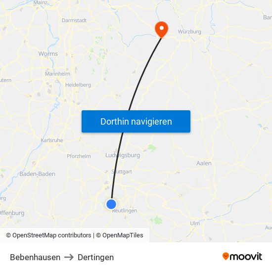 Bebenhausen to Dertingen map