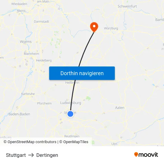 Stuttgart to Dertingen map