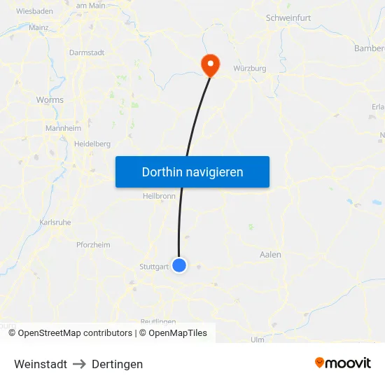 Weinstadt to Dertingen map