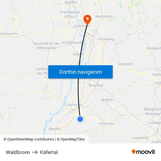 Waldbronn to Käfertal map