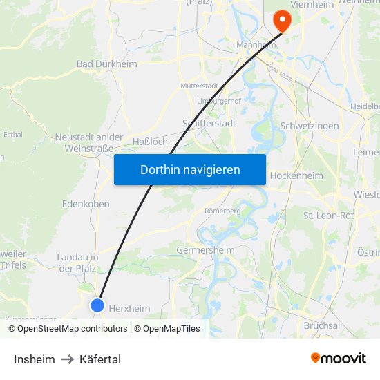 Insheim to Käfertal map