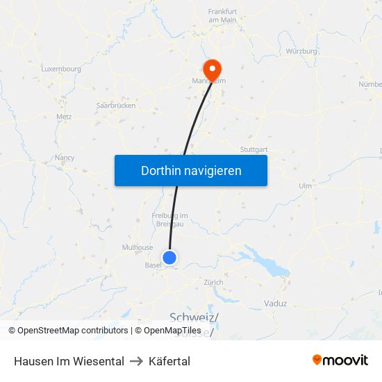Hausen Im Wiesental to Käfertal map
