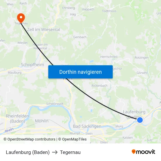 Laufenburg (Baden) to Tegernau map