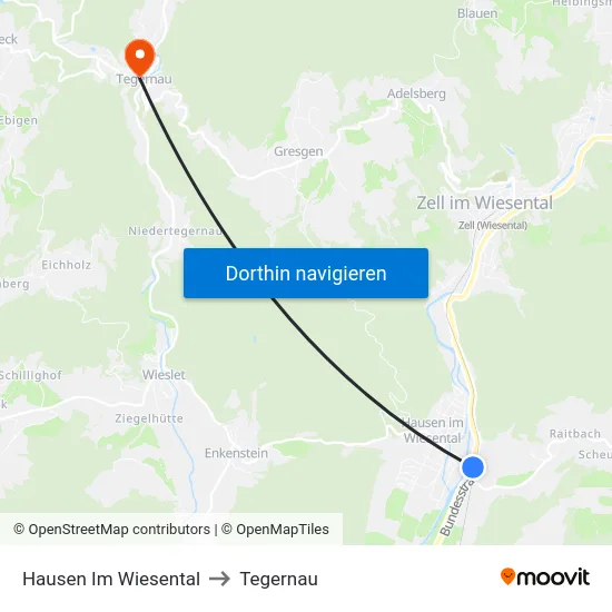 Hausen Im Wiesental to Tegernau map