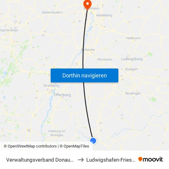 Verwaltungsverband Donaueschingen to Ludwigshafen-Friesenheim map