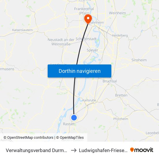 Verwaltungsverband Durmersheim to Ludwigshafen-Friesenheim map