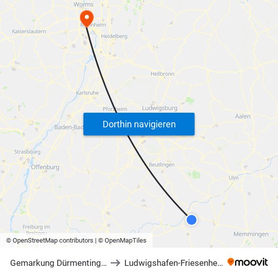 Gemarkung Dürmentingen to Ludwigshafen-Friesenheim map