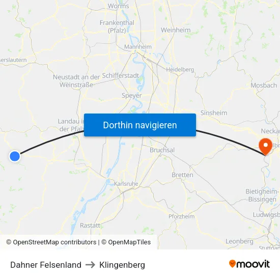 Dahner Felsenland to Klingenberg map
