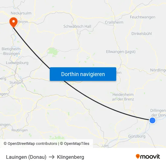Lauingen (Donau) to Klingenberg map