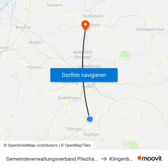Gemeindeverwaltungsverband Pliezhausen to Klingenberg map