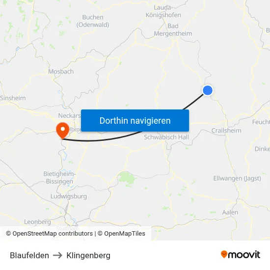 Blaufelden to Klingenberg map