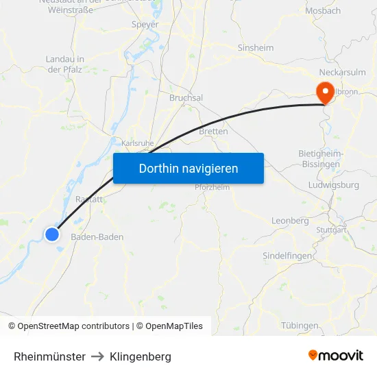 Rheinmünster to Klingenberg map