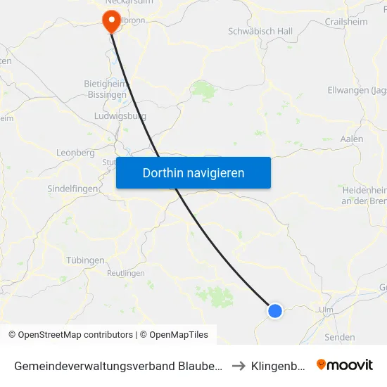 Gemeindeverwaltungsverband Blaubeuren to Klingenberg map