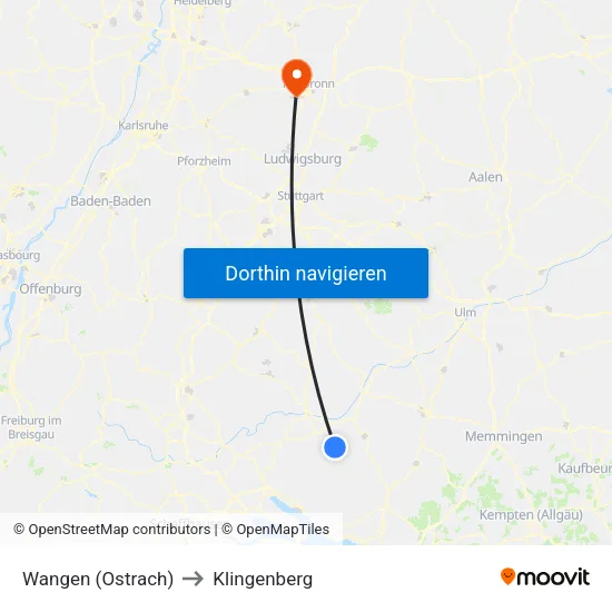 Wangen (Ostrach) to Klingenberg map