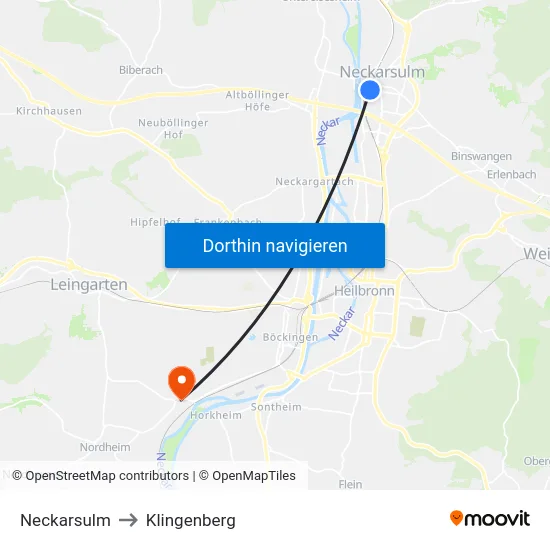 Neckarsulm to Klingenberg map