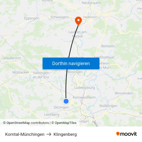 Korntal-Münchingen to Klingenberg map