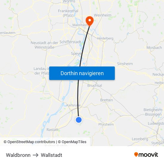 Waldbronn to Wallstadt map