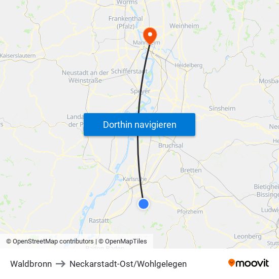 Waldbronn to Neckarstadt-Ost/Wohlgelegen map