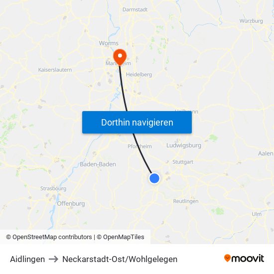 Aidlingen to Neckarstadt-Ost/Wohlgelegen map