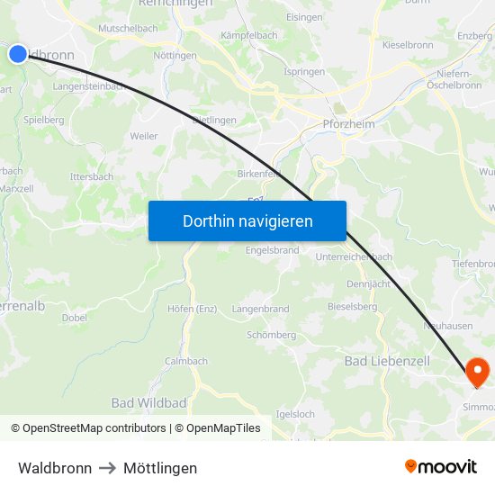 Waldbronn to Möttlingen map